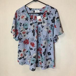 Sienna Sky Blue White Striped Floral Blouse Top